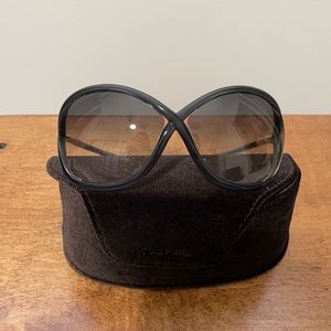 Tom Ford Whitney Sunglasses - black frame w/ gold accent and grey gradient lens.